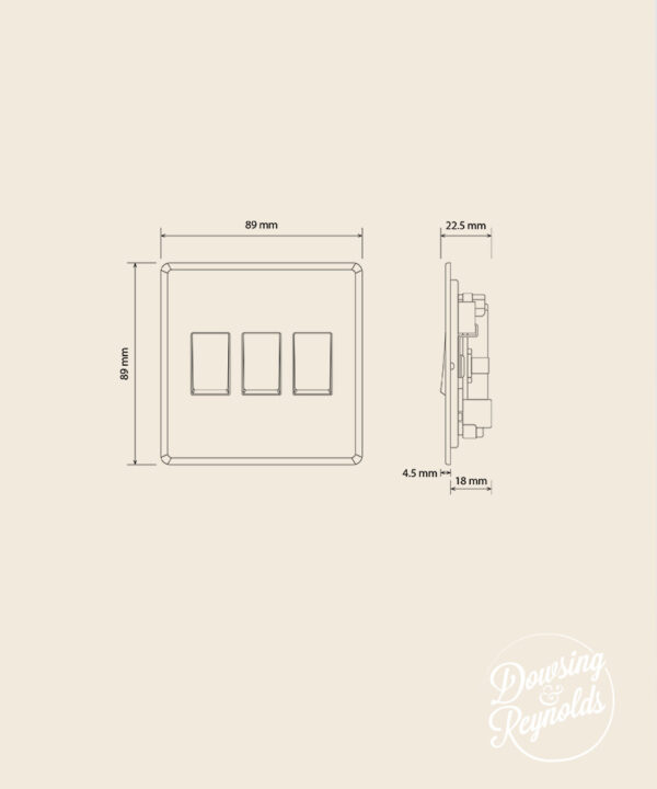 line drawing of a triple rocker light switch with dimensions