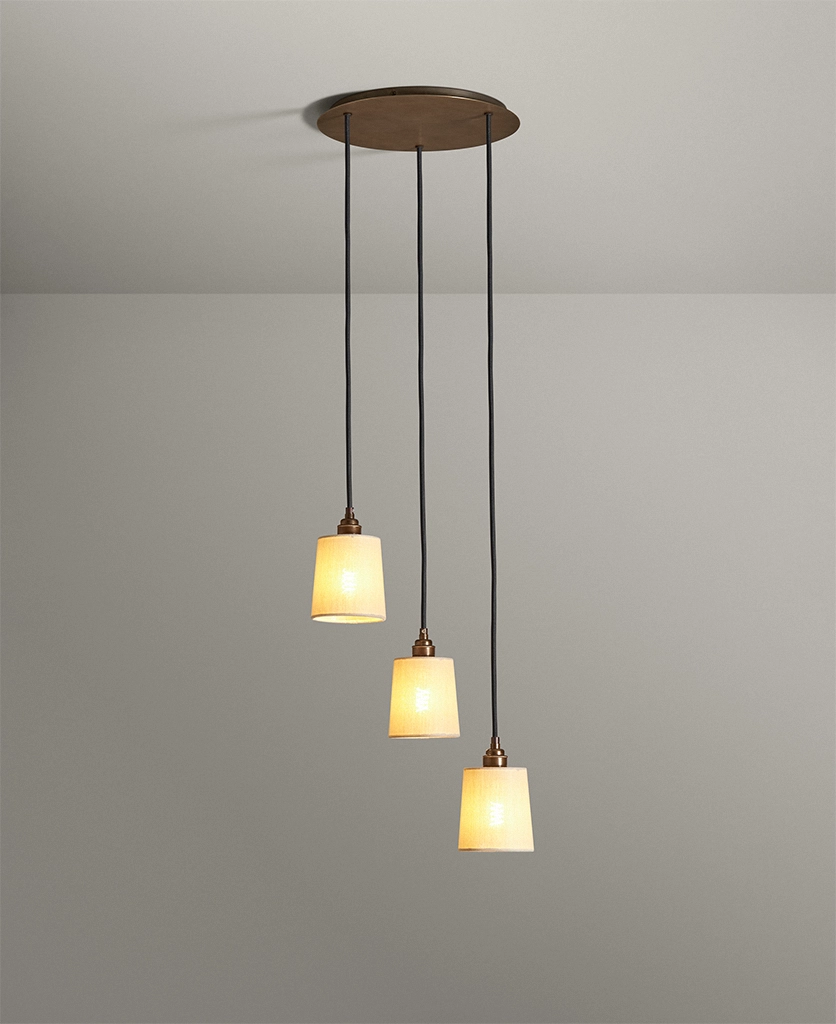 Antique Brass linen shade 3 pendant cluster light