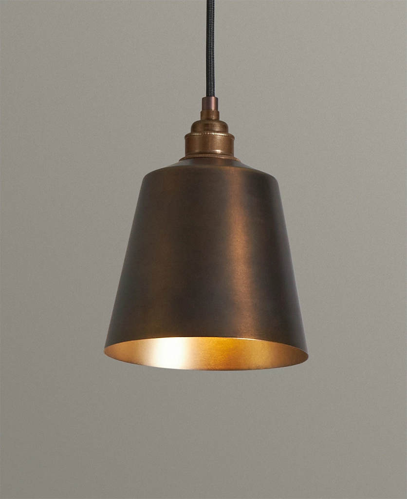Antique brass pendant light with metal bell shade